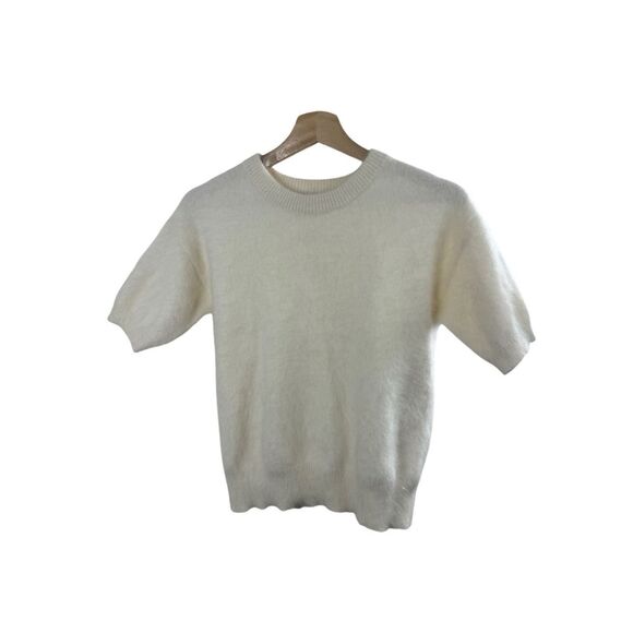 Michael Kors White Short Sleeve Pullover Sweater Size S Rabbit Hair Ribbed Knit - Picture 1 of 10